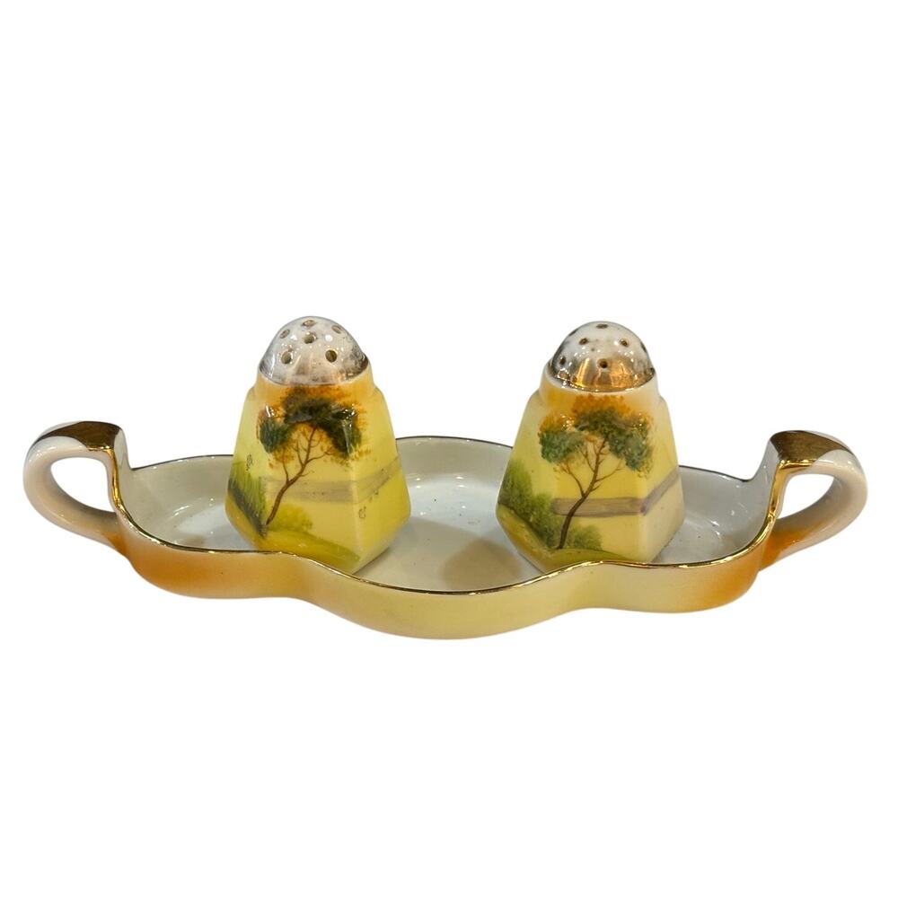 Vintage Noritake Tree in the Meadow salt and pepper set with tray
